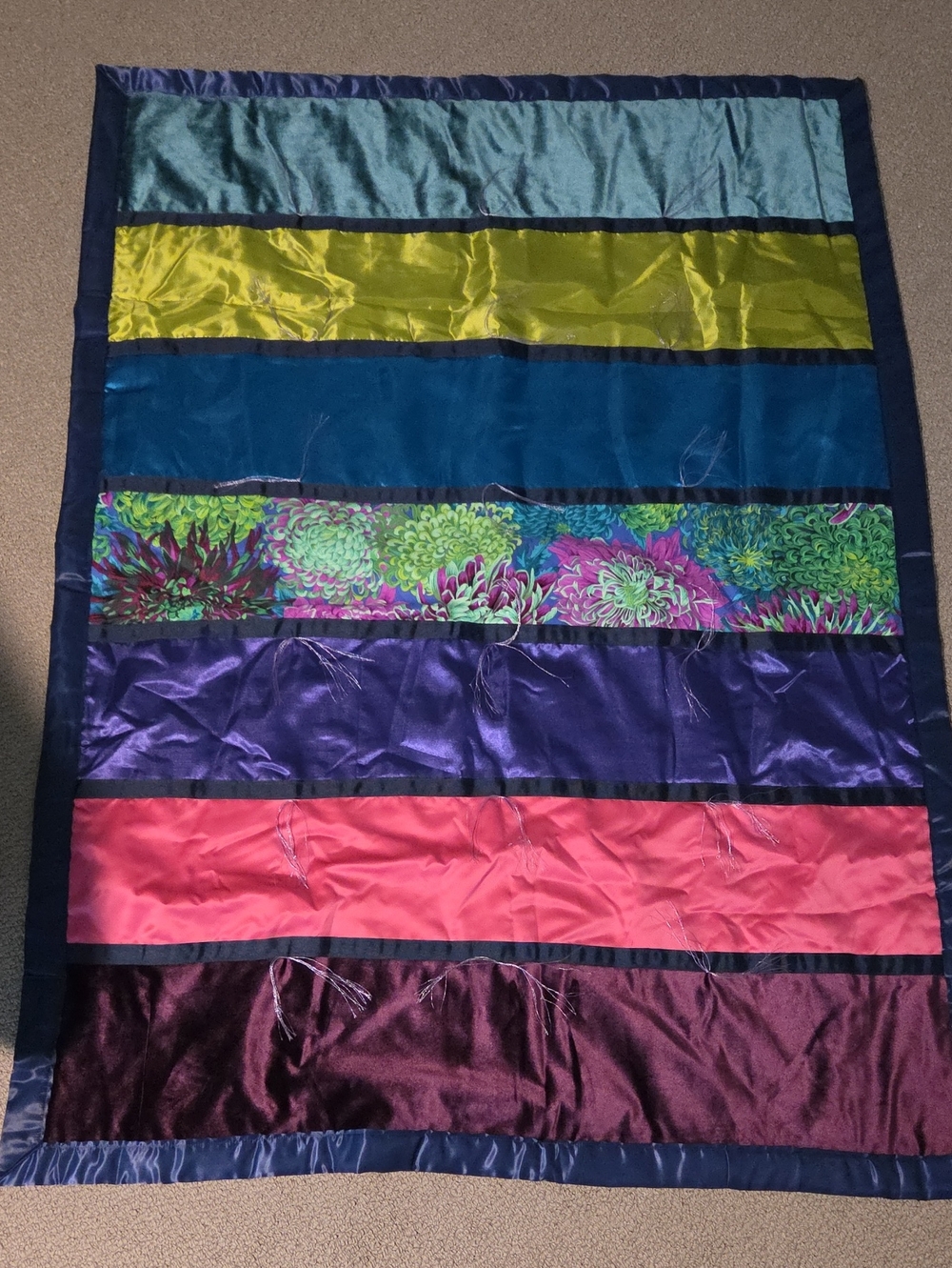 Striped Multicolor Satin And Velvet Throw with Floral Accent